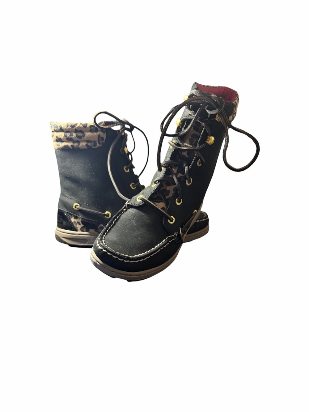 Sperry Black Lace-Up Hikerfish Ankle Boots with Leopard Accents - Picture 2 of 10
